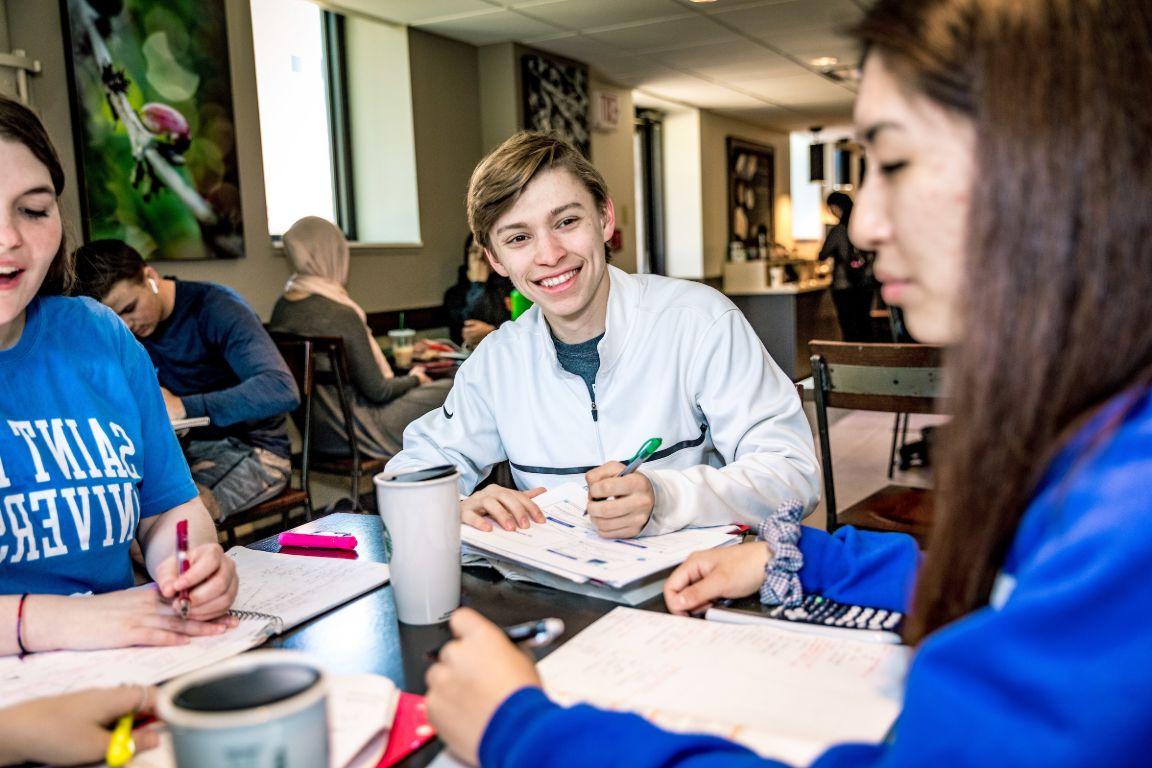 Students studying on the ground floor of Clemens Hall.